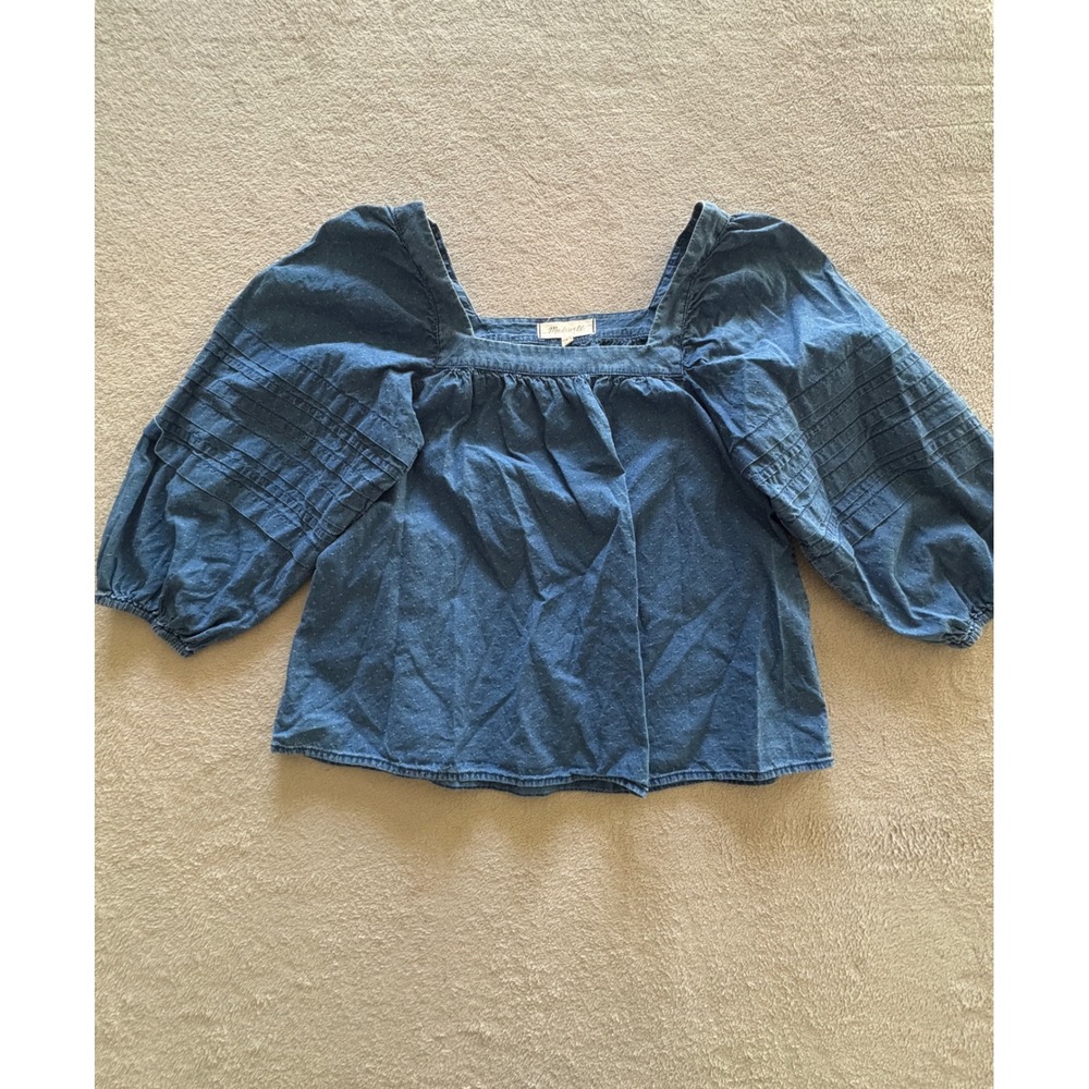Madewell Blue Denim Clip Dot Square Neck Puff Sleeve Pintuck Top Small